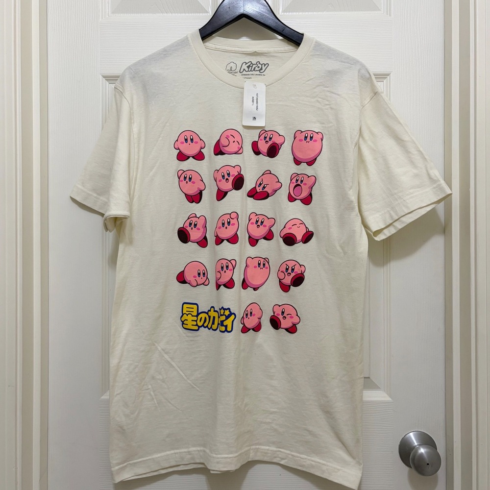 NEW Kirby Nintendo Graphic Tee Off White Shirt Large Kawaii Nostalgic Gamer Gift